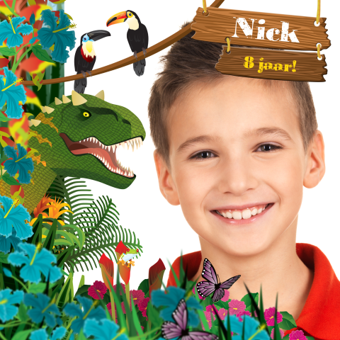 Uitnodigingskaart jungle voor kinderfeest met foto en tucan