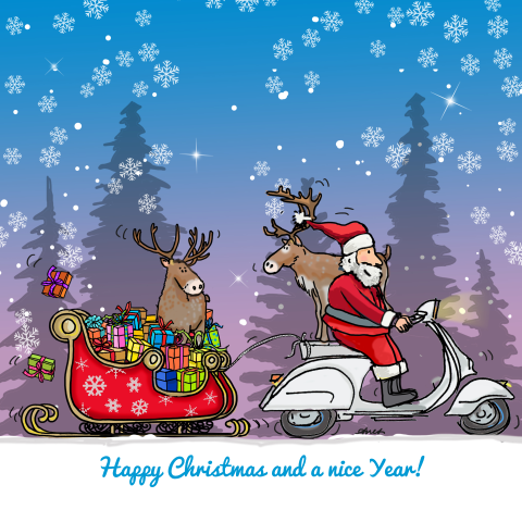 Getekende kerstkaart van vespa scooter met kerstman en arreslee