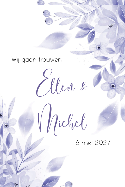 Trouwkaart blauw paarse watercolor bloemen