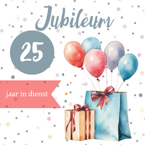 Uitnodiging 25e jubileum met ballonnen en cadeau