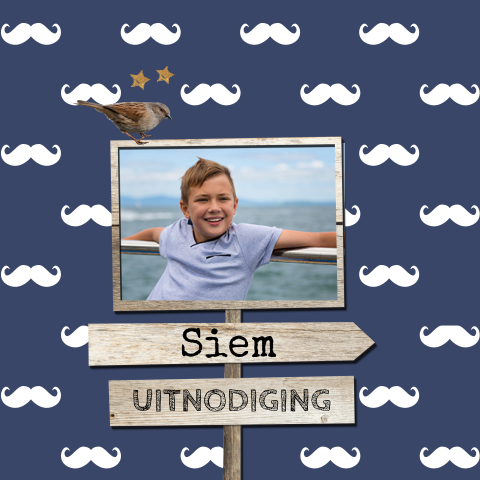 Hippe foto kinderfeest uitnodiging met wegwijsborden snor patroon