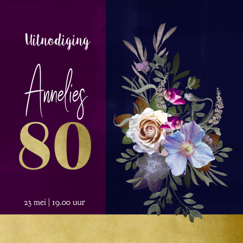 Uitnodiging 80 jaar botanisch paars goudkleurig