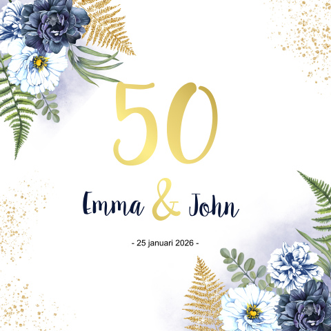 Jubileum uitnodiging 50 jaar blauwe rozen en goudfolie