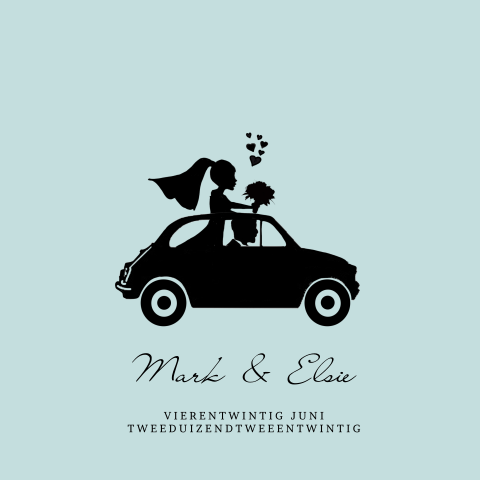 Trouwkaart met bruidspaar in fiat 500 silhouet blauw