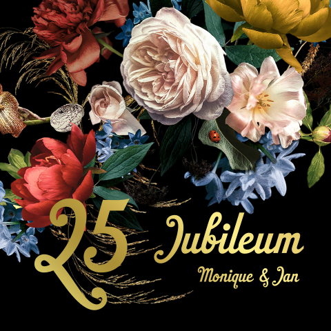 Uitnodiging 25 jarig jubileum Bloemen  folie goud