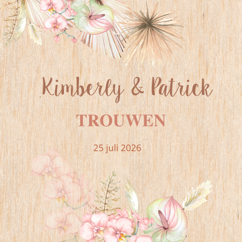 Trouwkaart met droogbloemen gedrukt op echt berken hout
