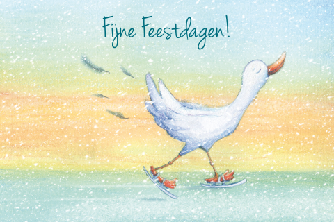 Kerstkaart eigenwijze eend op schaatsen