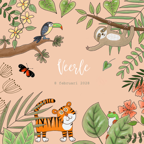Jungle geboortekaartje meisje met getekende dieren