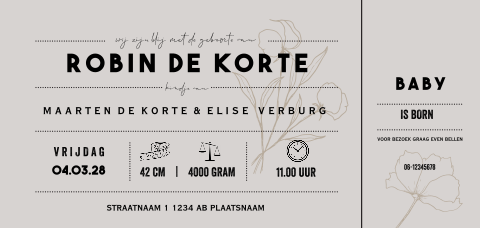 Ticket vorm geboortekaartje neutraal in kiezelsteen kleur