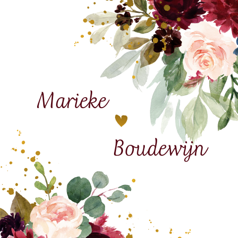 Trouwkaart met aquarel rozen en gouden accentjes