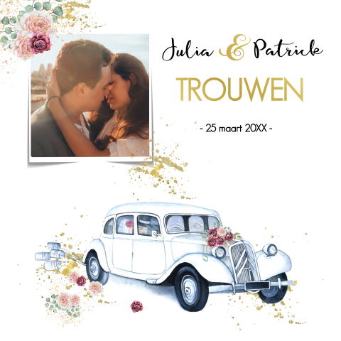 Trouwkaart oldtimer trouwauto rozen en met goudfolie