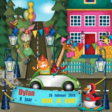 Uitnodigingskaartje kinderfeestje met feestende dieren