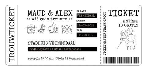 Trouwkaart ticket lang wit met illustraties icoontjes