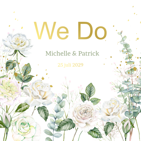 Trouwkaart met witte rozen en eucalyptus takken