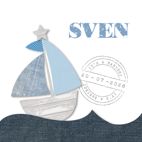 Geboortekaartje jongen met bootje hout jeans 