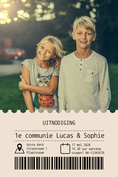 Uitnodiging communie met foto in ticket thema