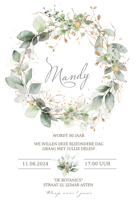 Uitnodiging voor een 50e verjaardag bohemian roze bloemen en goud