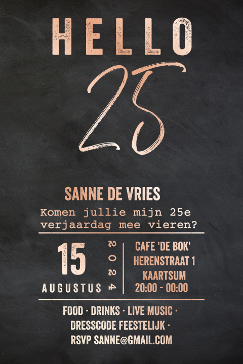 Foliedruk uitnodiging 25e verjaardag krijtbord