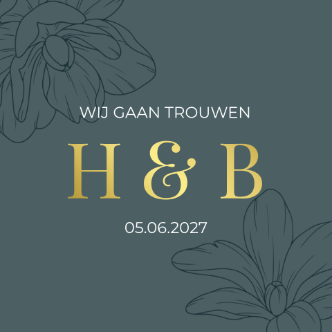 Trouwkaart groen met sierlijke bloemen en foliedruk