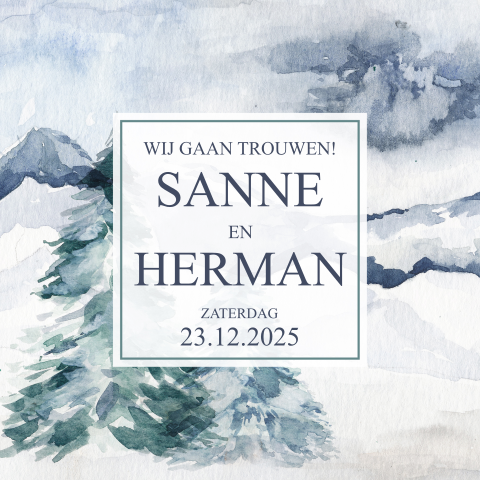 Trouwkaart thema winter blauw groen aquarel