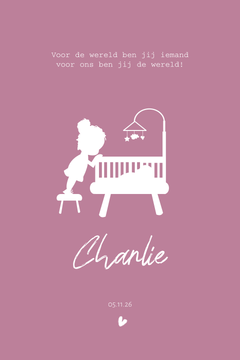 Lief geboortekaartje 2e kindje zusje in een wiegje