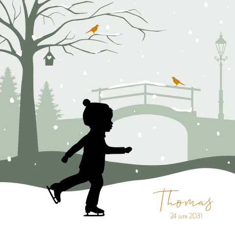 Geboortekaartje winter met silhouet schaatsend jongetje