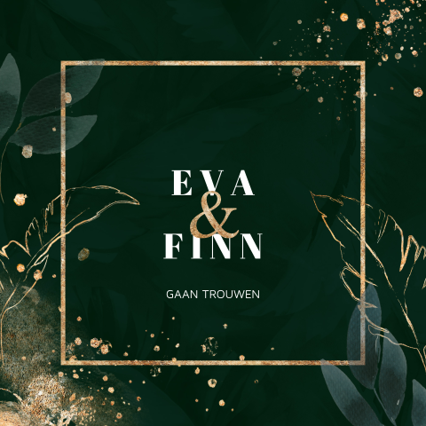 Groene botanische trouwkaart met bloemen en goud look