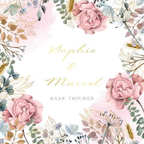 Trouwkaart bloemen met takjes in goudlook