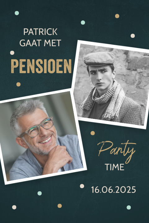 Uitnodiging pensioen met confetti en foto