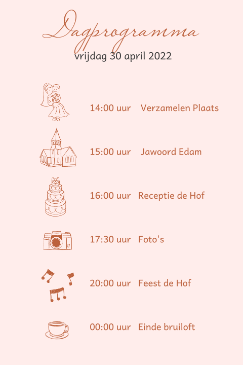 Dagprogrammakaartje bruiloft roze