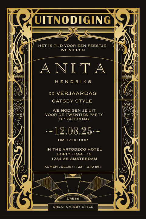 Great Gatsby verjaardagsuitnodiging Art Deco stijl