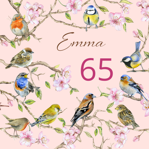 Verjaardagsuitnodiging 65 jaar vrouw met vogels op takken