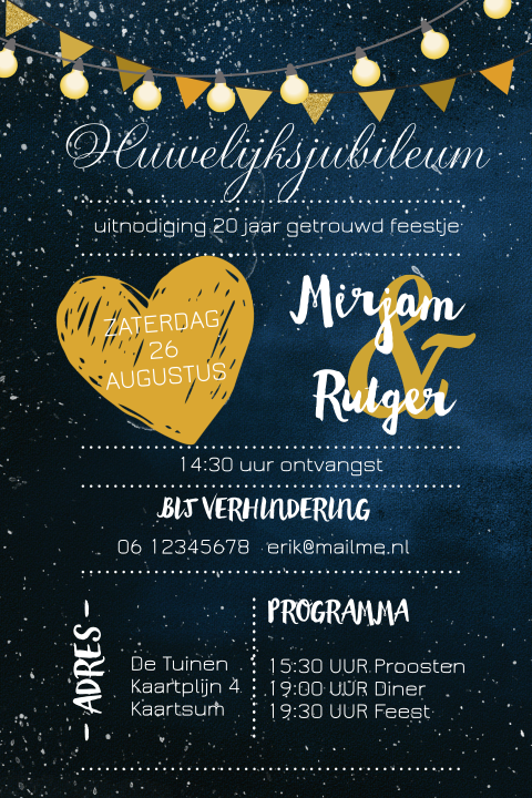 Super hippe uitnodigingskaart feest huwelijksjubileum lichtsnoer