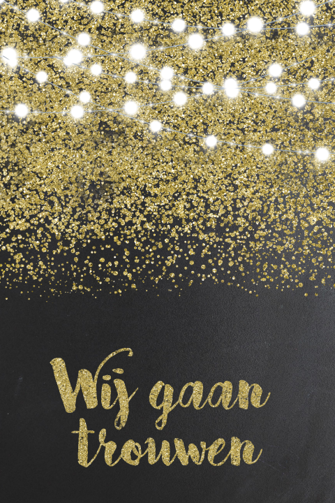 Trouwkaart met gouden glitters en krijtbord
