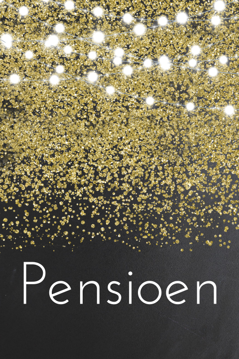 Uitnodiging pensioenfeest met gouden glitters op krijtbord