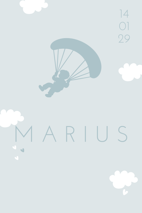 Geboortekaartje jongens baby aan parachute paragliding silhouet jongen