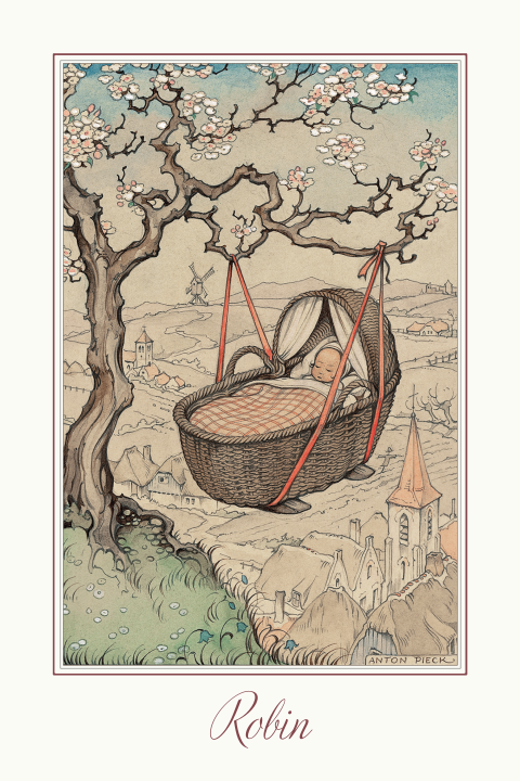 Geboortekaartje Anton Pieck wiegje in boom