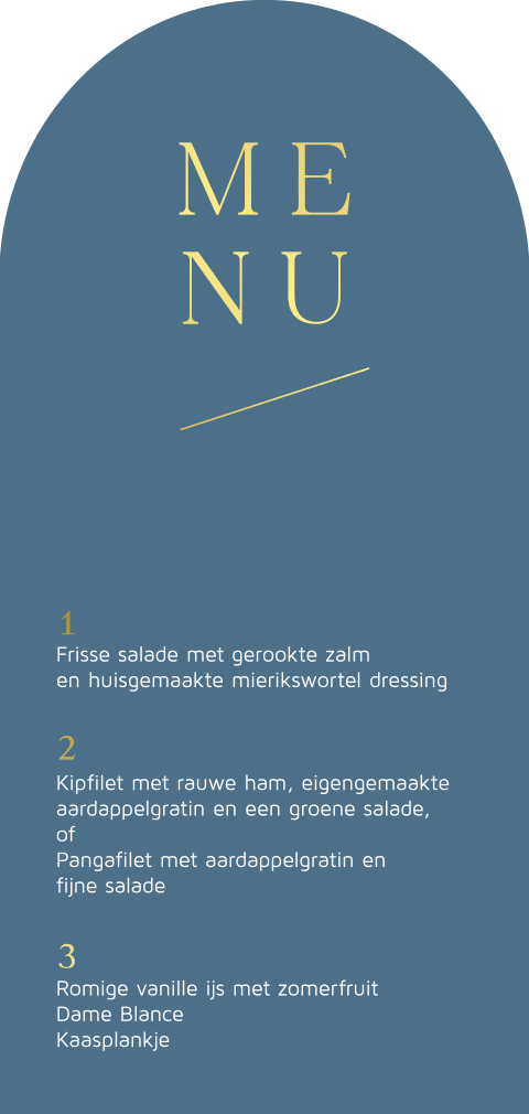 Menukaart in boog stans blauwe achtergrond en goudfolie