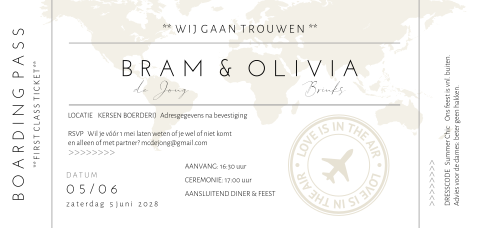 Hippe boarding pass trouwkaart