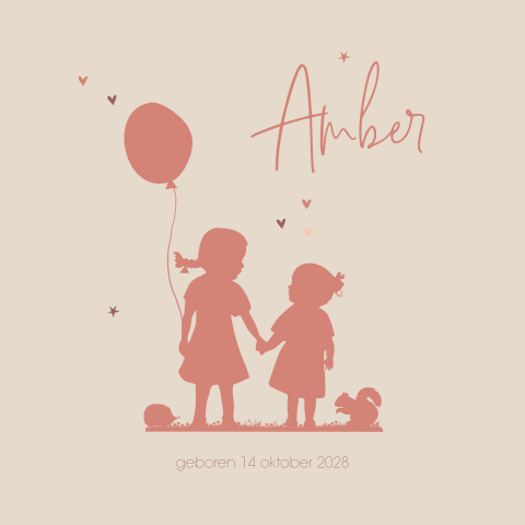 Silhouet 2e kindje geboortekaartje meisje met zusje en ballon