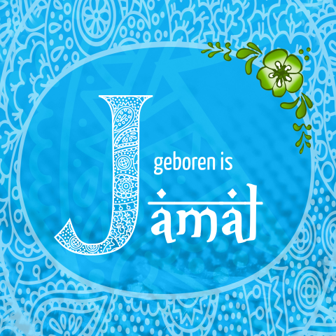 Arabische geboortekaart jongen blauw met henna letter
