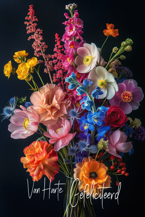 Wenskaart kleurrijk bloemen boeket op zwarte achtergrond