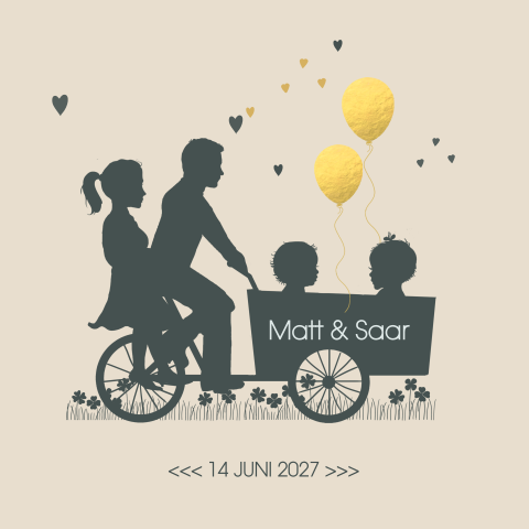 Tweeling geboortekaartje ouders met bakfiets tweeling