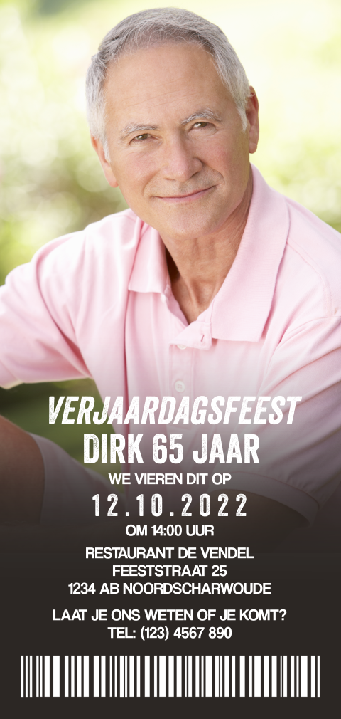 Uitnodiging ticket verjaardagfeest man 65 jaar