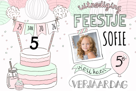 Kinderfeestje 5 jaar uitnodiging taart roze mint foto