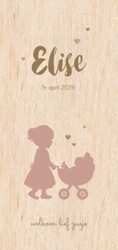 Echt houten geboortekaartje silhouet zus met zusje