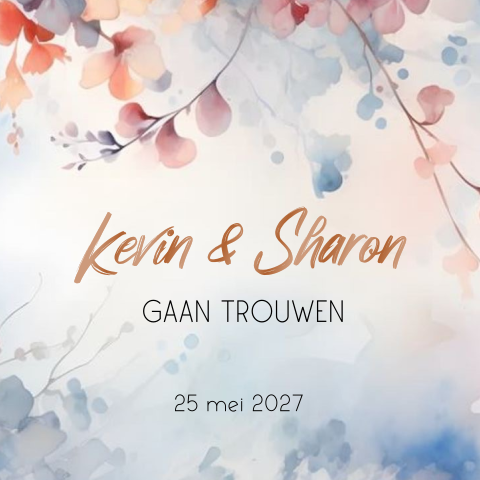 Trouwkaart blauwe waterverf achtergrond met pastel takjes
