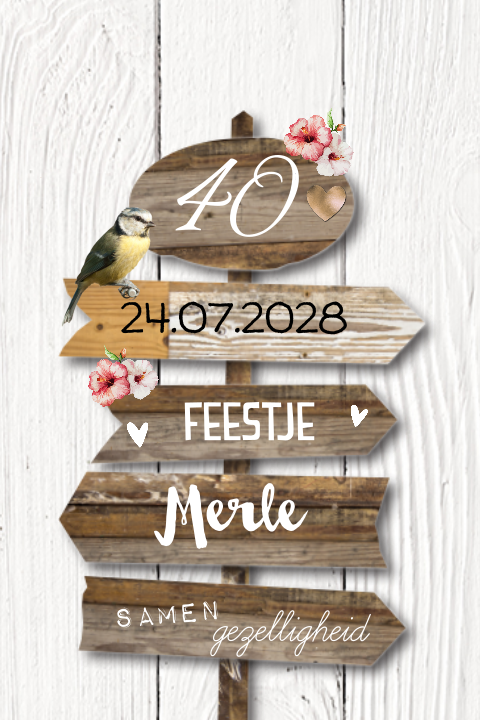 Uitnodiging 40 jaar verjaardag vrouw houten wegwijzer bord 