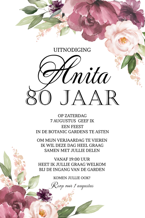 Uitnodiging voor 80e verjaardag vrouw met roze en paarse bloemen