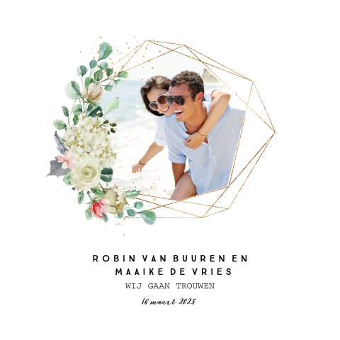Trouwkaart industrieel met geometrische vormen en foto